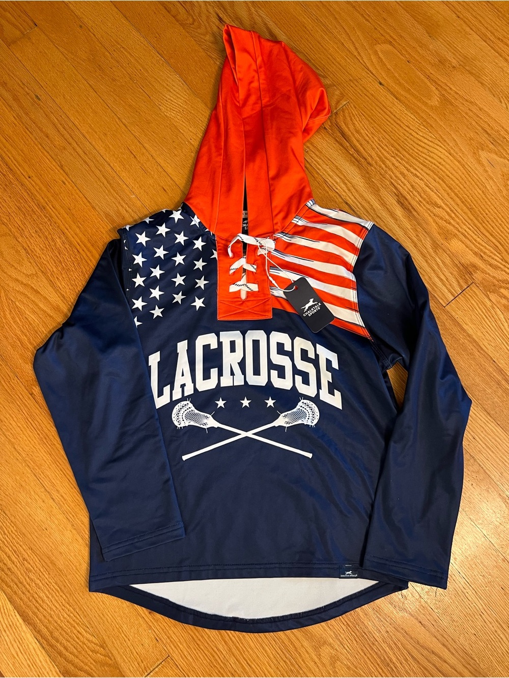 ChalkTalk Sports Lacrosse USA Flag Performance Hoodie Boys Medium Blue & Orange